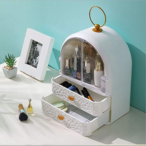 Sooyee Carved Makeup Organizer, Modern Jewelry and Cosmetic Storage Display Boxes with Handle, Waterproof Dustproof Design Great for Bathroom, Dresser, Vanity and Countertop, White(2 Drawers 2 Doors)