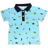 VOOGLAN Boys Short Sleeve Polo Shirt, Cute Cartoon Collar Dino Printed T-Shirt, Age 5-6 Years Button Shirts Uniform (Blue)