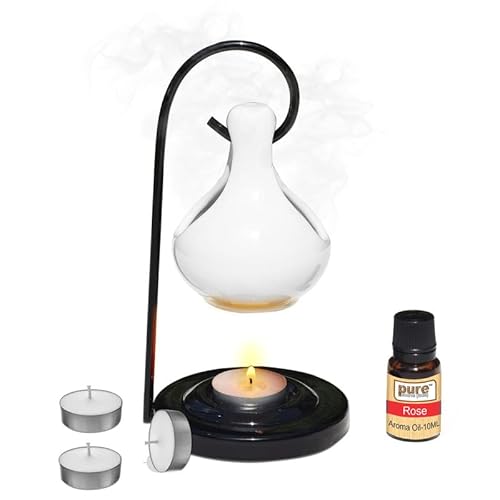 Pure Source India Porcelain Oil Diffuser Set for Home Fragrance with 10 ml Rose Aroma Oil and 4 Tea Light Candles (White)