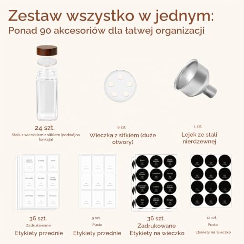 ComSaf Szklane słoiczki na przyprawy 120 ml, zestaw 24 szt. do kuchni | Organizacja kuchni, Pokrywki z drewna akacjowego