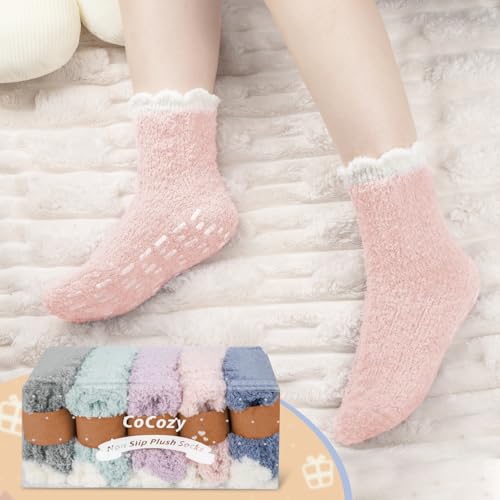 Fuzzy Socks with Grips for Women, 5 Pairs Soft Fluffy Sleep Cozy Hospital Socks Non Skid Plush Slipper Socks Gifts3