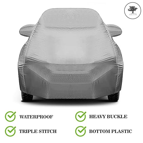 Image of Sulfar 100% Waterproof Car Body Cover Compatible with Mirror for Tata Indigo ECS (Triple Stitched, Full Bottom Elastic, Grey-TB)