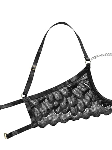 Image of Lilosy Women's Sexy Underwire Floral Lace Sheer Lingerie Set See Through Bra and Panty 4 Pieces Pasties Chain Black Large