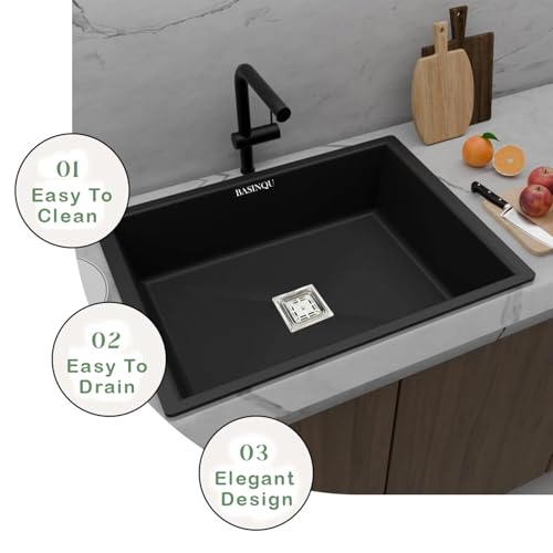 Image of BASINQU Quartz Kitchen Sink 24 x 18 x 9 Inch Granite Kitchen Sink Single Bowl Black Quartz Sink for Kitchen Basin Sound Dampening Scratch Resistant UV-Protected Noise Reducing sinks