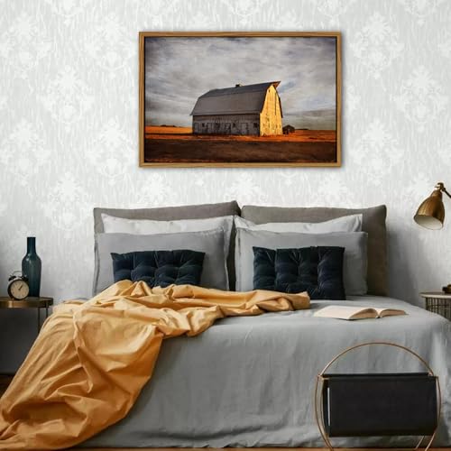 Image of Farmhouse Old Barn Canvas Wall Art Vintage Western Barn Pictures Wall Decor Rustic Country Landscape Canvas Pictures Golden Sunset Farm Rural Artwork for Living Room Office Home Decorations 24x36 inch