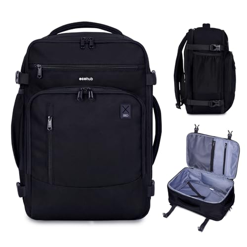ECOHUB 17" Small Travel Backpack, United Airlines Personal Item Bag 17x10x9 with 16 Pockets, Water Resistant Rucksacks Fit 15.6" Laptop, AirTag Pocket, Lightweight Casual Daypack, 25L, Black