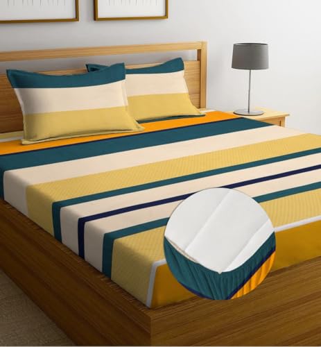 Image of la' Amour Premium Cotton Elastic Fitted Bedsheets with 2 King Size Pillow Covers Double Bed with All Around Elastic Supersoft Size - 72 King Sizex78+10 inches Green Yellow Print 200 tc - 220 tc