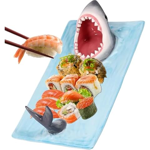 Hand-Painted Shark Sushi Platter with Dipping Plate Cover