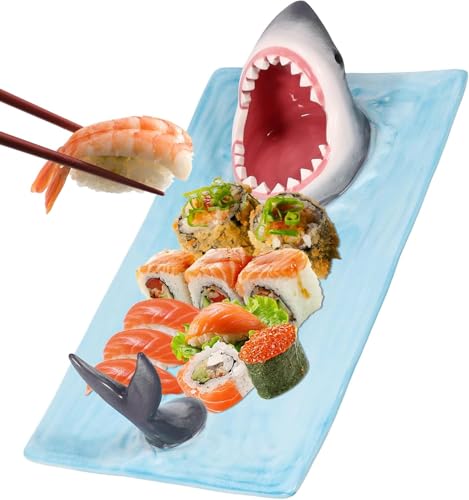 Shark Sushi Serving Plate, Ceramic Shark Sushi Platter, Creativity 3D Hungry Sharks Shape Ceramic Dipping Plate Rectangle, Cake Food Snack Cheese Board, Sharks Hot Pot Dish for Dining Kitchen Decor