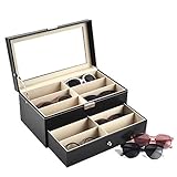 Siveit 12 Grids Sunglass Organizer Leather Eyeglasses Collector Double-Layer Eyewear Display Case Lockable Storage Box (12 Slots)