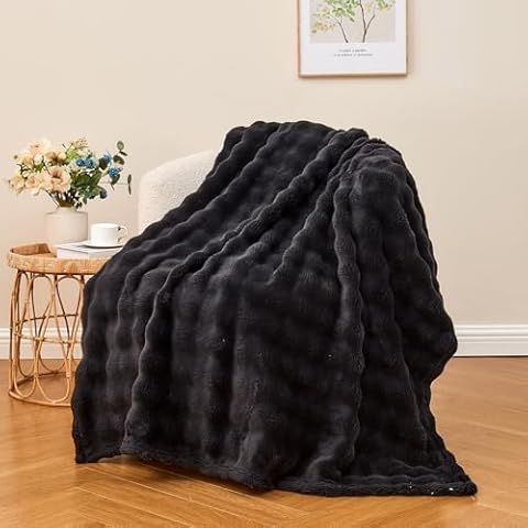 Wajade Soft Fleece Throw Blanket for Couch, 50x60 Inches 3D Bubble Decorative Cozy Fuzzy Flannel Blanket, Lightweight Warm Blanket for Bed Office, Black Cover