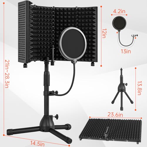 Image of Desktop Microphone Isolation Shield with Tripod Stand Curved Panel, Foldable Microphone Sound Shield, Studio Mic Sound Absorbing Foam Reflector for Studio Recording