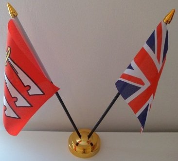 Essex County Union Jack 2 Flag Friendship Table Display With Gold Base
