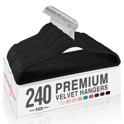 Image of HOUSE DAY Black Velvet Hangers 240 Pack, Premium Clothes Hangers Non-Slip Felt Hangers, Sturdy Black Hangers Heavy Duty Coat Hangers, Durable Suit Hangers, Space Saving No Hanger Mark Rotating Hook