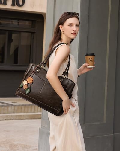 Image of LOVEVOOK Laptop Bag for Women, Original Vintage Work Tote Bag Computer Office Teacher Bag with Flower Pendant