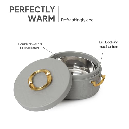 Image of CELLO Ornetto Big Set of 3 Pcs Insulated Steel Casserole Hot Box for Kitchen, Grey (1500ml, 2000ml, 2500ml) | Airtight Hot Pot Case Keeps Food Hot & Warm, Casserole Set for Roti Chapati Rice Biryani