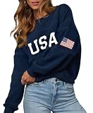 LEEDYA Womens Oversized USA Sweatshirt Crewneck American Flag Sweater Long Sleeve Loose Fleece Top 4th of July Outfit Blue 2XL