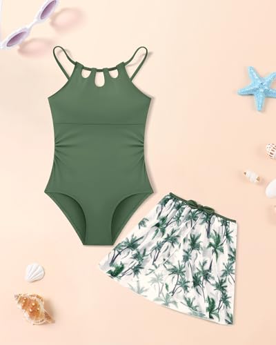 Image of Redair Girls Swimsuit One Piece Swimwear with Tropical Printed Cover Up Skirt Girls Bathing Suits Set 7-16 Years