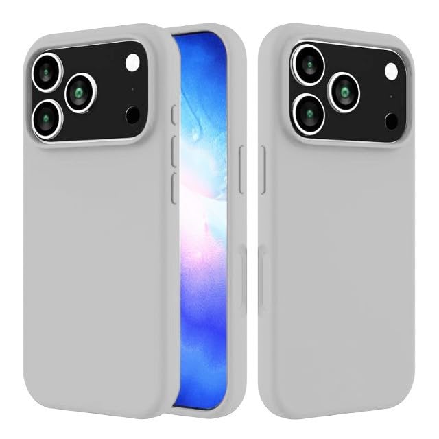 Coque iPhone 17 Pro gris clair en silicone souple et minimaliste