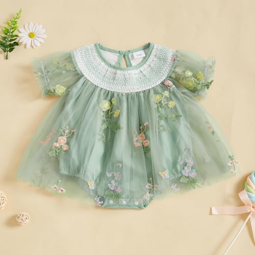 Baby Girl Tulle Tutu Romper Dress Flower Embroidery Short Sleeve Fairy Smocked Dresses Party Princess Sundress2