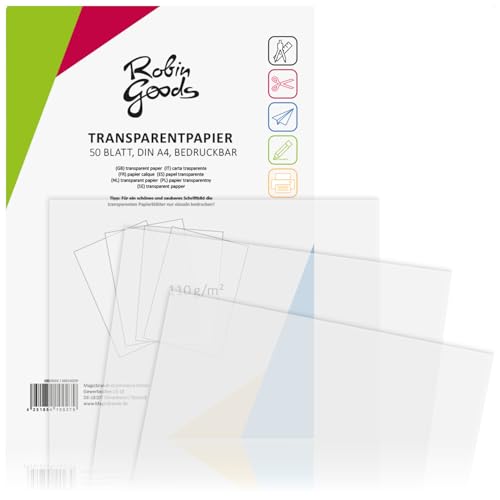 Robin Goods® 50 Blatt Premium Transparentpapier DIN A4, 110g/m², Super Qualität, bedruckbar, Bastelpapier, Pauspapier, Pergamentpapier, Architektenpapier (50 Blatt - transparent)