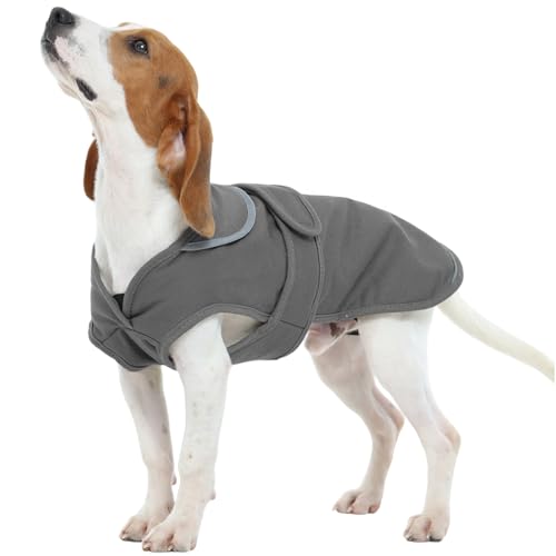 Kuoser Canvas Dog Coat, Warm Dog Jacket Reflective Fleece Pet Cold Weather Coat, Warm Doggie Clothes Waterproof Winter Vest with Zipper Leash Hole for Small Medium Large Dogs, Grey M Medium