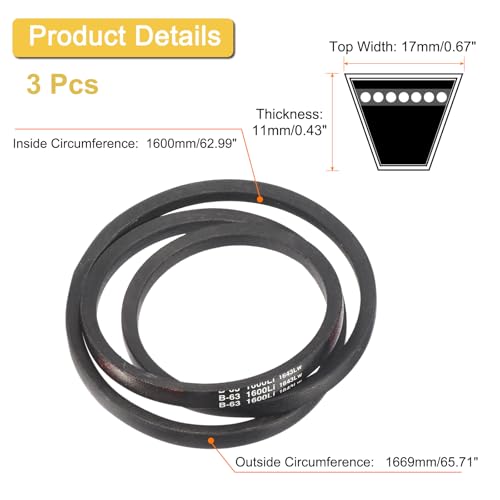 Image of uxcell 3 Pack B-63 Classic Wrapped V-Belt, 66 inch Outside Circumference Wrapped Industrial Rubber V-Belt B Profile V-Belt for Industrial Machinery Equipment, Black