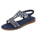 PAIDAXING Sandales plates pour femme avec strass et bride arrière élastique - Chaussures de plage bohémiennes à bout ouvert - Perles scintillantes - Pour l'été et les vacances, 10 Bleu marine, 40 EU