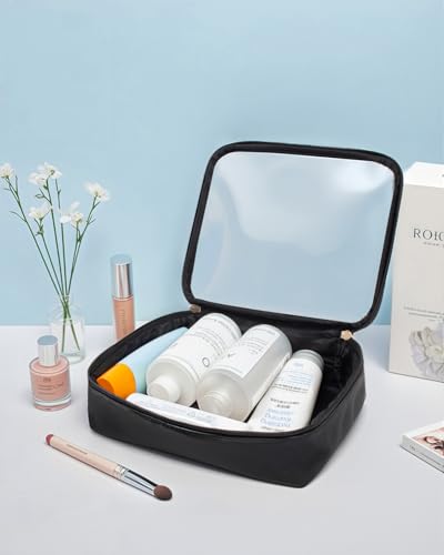 Image of LETGO TSA Approved Toiletry Bag, Clear Makeup Bags with Small Makeup Bags for Purse, Quart Size PVC Cosmetic Bags for Women and Men (No Handle-Black, Large+Mini)