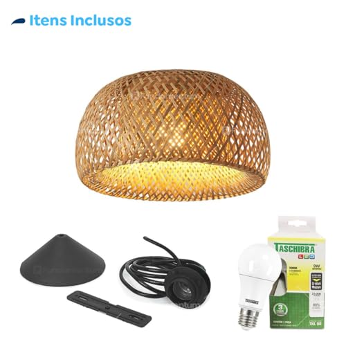 Luminária de Teto Lustre Pendente Bambu Fundamentum Malibu Rústico 43cm