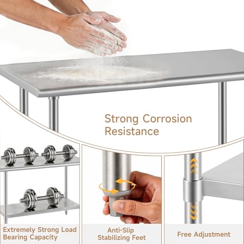 Image of ROCKPOINT All Stainless Steel Table for Perp & Work 24x72 Inch,Commercial Heavy Duty Workbench with Stainless Legs & Adjustable Undershelf, 890 lb Capacity for Restaurant,Home and Outdoor Kitchens