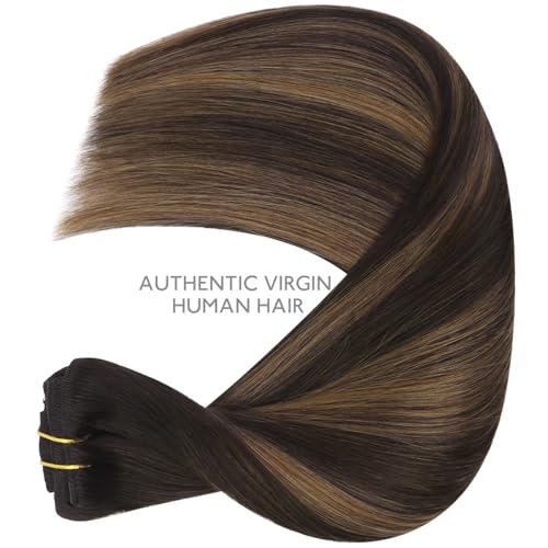 Image of WENNALIFE Clip in Hair Extensions Real Human Hair, 14 Inch 120g 7pcs Dark Brown to Chestnut Brown Balayage Remy Hair Double Weft Reusable
