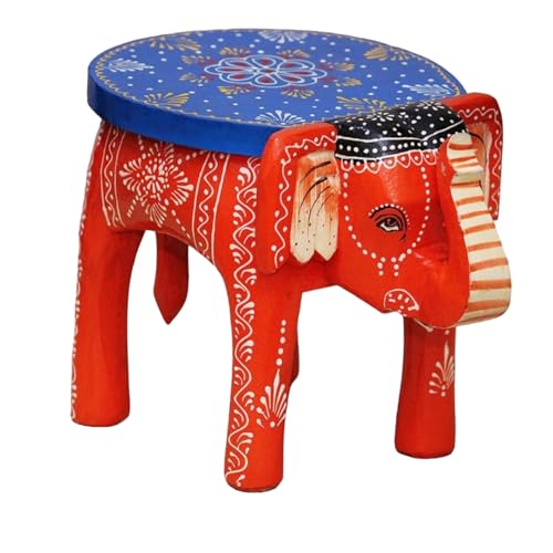 Image of Hand-Crafted and Emboss Colorful Painted Wooden Elephant Shape Stool for Home /Office /Living or Bedroom Decor,Decorative Showpiece (8 Inches Height, Orange)