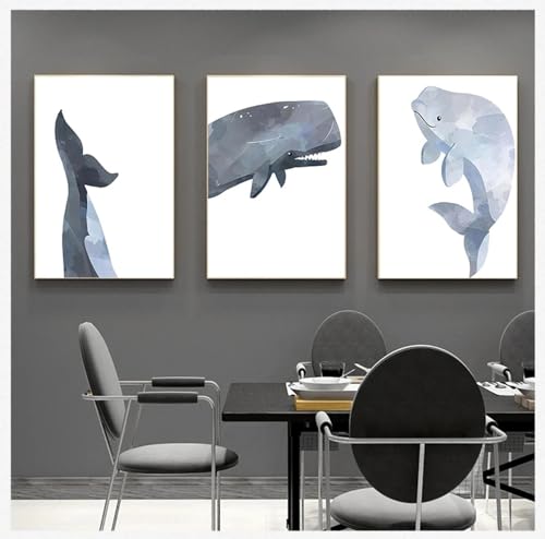 Affiche Baleine Toile 50x70cm x3 Peinture Océan pour Décoration Murale Chambre Bébé
