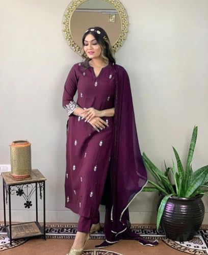 Image of Women Premium Collection Rayon Embroidered Straight Kurta Pant Dupatta Festive Ethnic Apparel Set