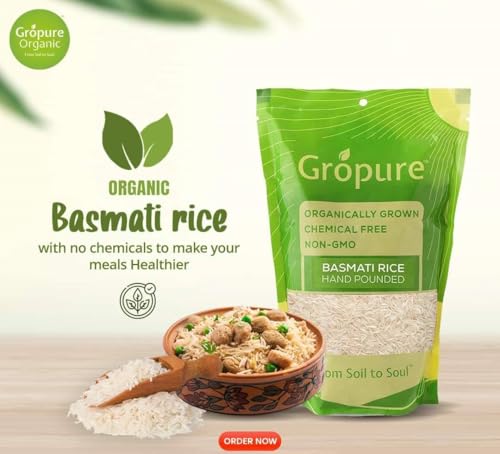 Image of GroPure Organic: From Soil to Soul - Basmati Rice - 9kg I Organic Biryani Rice I Hand Pounded I Chemical & Pesticide Free I Best Organic BASMATI RICE