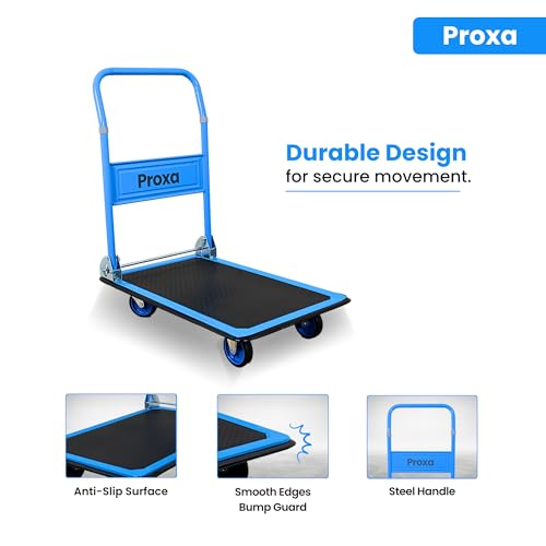 Image of Proxa 150 kg Steel Foldable Platform Trolley | Heavy Duty Material Handling Cart with 4 Inch Wheels | Portable Goods Trolley for Warehouse, Office, Home & Industry Use (72.5 x 46.5 x 85.5 cm)