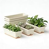 LESOASIS Window Box Planter, 6 Pack Plastic Vegetable Flower Window Planters Boxes 16 Inches Rectangular Flower Pots with Drainage Holes and Saucers (White)