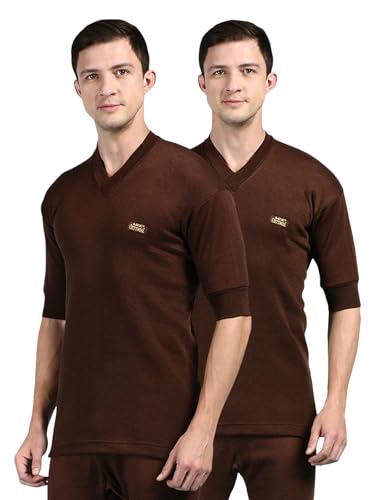 Lux Cottswool Men's Pack of 2 Brown Half Sleeves V Neck Thermal Top (Size : 80cm)