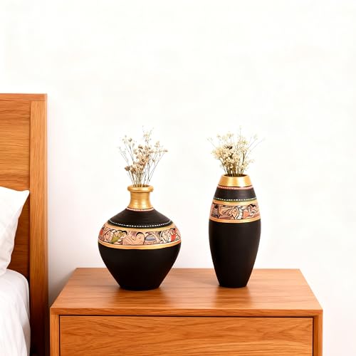 Image of Aakriti Art Creations Vase Earthen Black Madhubani Set of 2 | Hand-Painted Terracotta Flower Vases | Matte Finish Decorative Vases for Living Room, Table Decor & Gifting