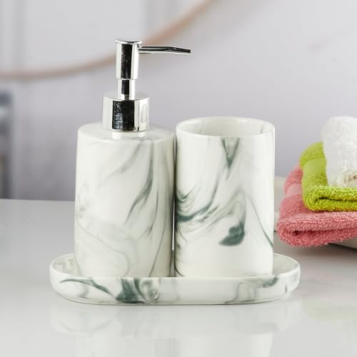Image of SaSaSa Ceramic Bathroom Set of 3 Modern Bath Accessories Kit with Soap Dispenser, Toothbrush Holder & Dish - Stylish & Elegant Bathroom Decor, White /Black (7647)