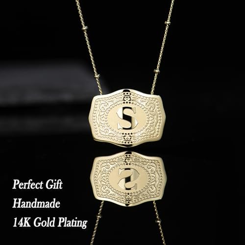 14K Gold-Plated Initial Letter Pendant Necklace with Embossed Belt Buckle, Buy 1 Get 2 Chains, Personalized Necklace for Women and Men2