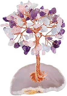 KYEYGWO Handmade Amethyst/Citrine Crystal Money Tree for Good Luck Wealth Health, Figurine Bonsai on Natural Agate Slab 2.3"-3" High