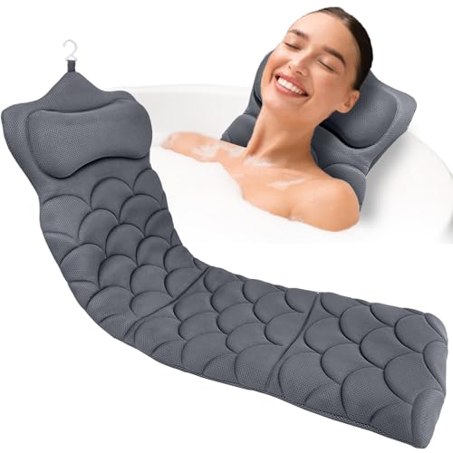 REEZEIVI Full Body Bath Pillow,Thick Bathtub Cushion with Laundry Bag,Bath Pillow with 13 Non-Slip Suction Cups,Soft 3D Mesh Fabric,Bathtub Cushion for Headrest Neck and Back Support (Gray)