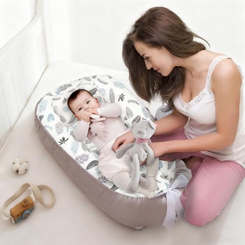 Image of Baby Lounger Replaceable Cover Baby Nest Backup Cover 100% Cotton Breathable Machine Washable (Gray Leaves)
