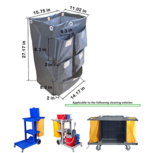 Image of Replacement Janitorial Cart Bag, High Capacity Waterproof Thickened Housekeeping Commercial Janitorial Cleaning Cart Bag with 6 Brass Grommets - 25 Gallon (Black with 5 Pockets)