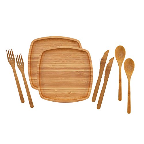 BambooMN Camping Mess Kit Lightweight Organic 8" x 8" Bamboo Plates, Forks, Knifes