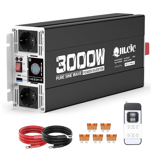HLCJC Convertidor de Potencia 3000W/6000W Onda Sinusoidal Pura – Inversor 12V a 230V, Pantalla LCD para Autocaravana Camión Vehículo