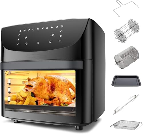 18L Heißluftfritteuse Backofen, 10-in-1 Multikocher mit Touchscreen & Drehspieß, 360° Heißluftzirkulation & Fettarme Zubereitung mit Sichtfenster, 1800W, Spülmaschinenfestes & BPA-freies Zubehör