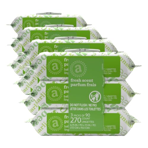 Image of Amazon Elements Baby Wipes, Fresh Scent, Flip-Top Packs, Alcohol-Free, 270 Count, 12 Packs of 90
